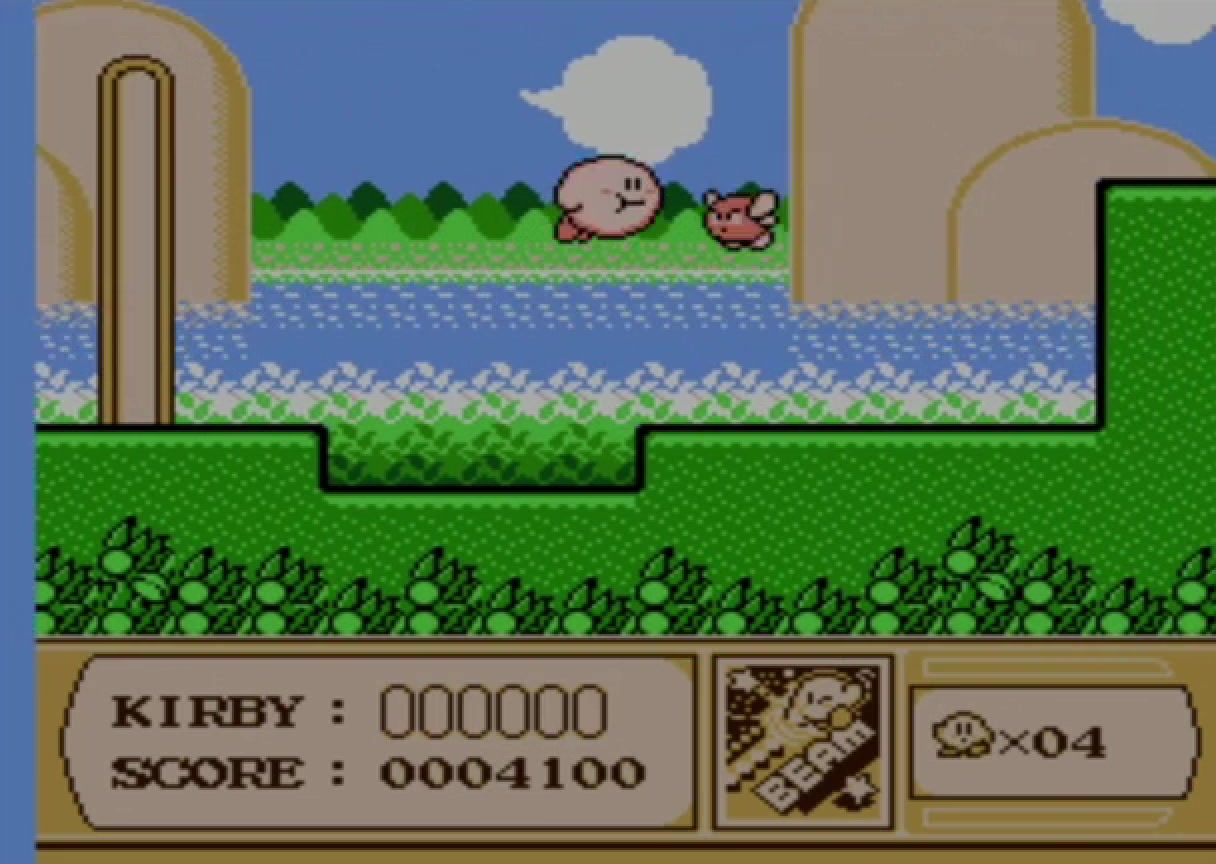 1993년 별의 커비 꿈의 샘 이야기에서 커비가 NES 스테이지를 진행하는 실제 인게임 화면