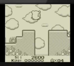 1992년 별의 커비에서 커비가 흑백 Game Boy 스테이지를 이동하는 실제 인게임 화면