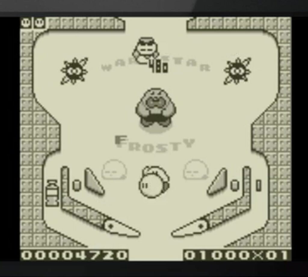 1993년 커비의 핀볼에서 커비가 흑백 Game Boy Pinball Table을 이동하는 실제 인게임 화면