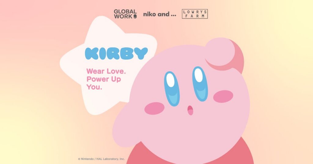 GLOBAL WORK, niko and ..., LOWRYS FARM 로고와 커비가 함께 배치된 2026년 협업 이미지